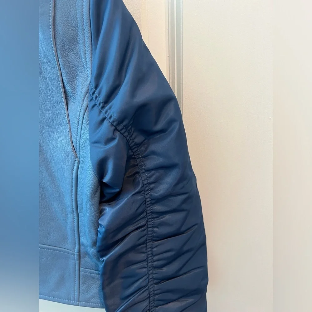 SANDRO Blue Ruched Shell-Paneled Sleeves Leather Goat Biker Jacket - Picture 10 of 16